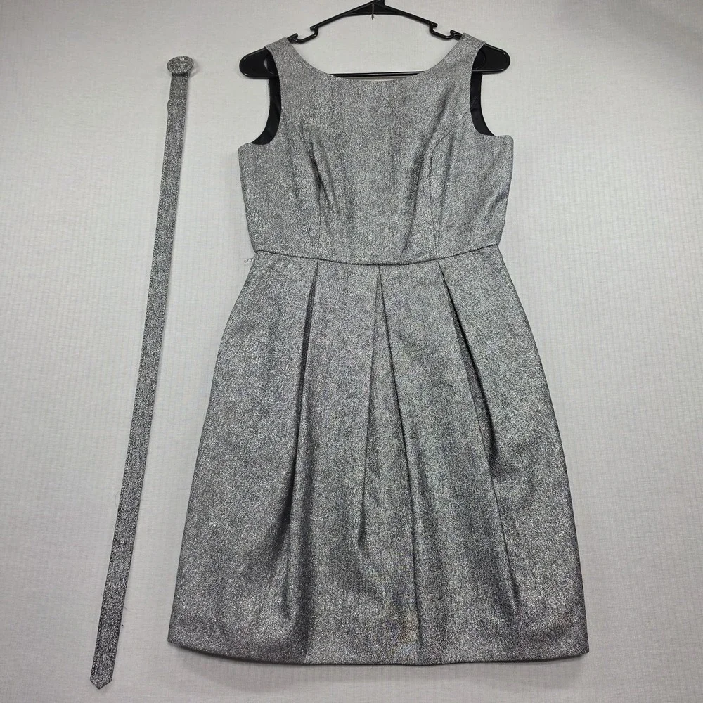 WHBM NWT Grey Metallic Sleeveless Belted Tulip Dress Pockets Sz 2 Cocktail Glam - Picture 1 of 13